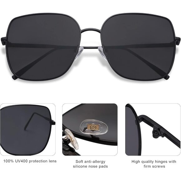 ✨Women Black Trendy Oversized Square Metal Frame Retro Big Flat Lens Sunglasses